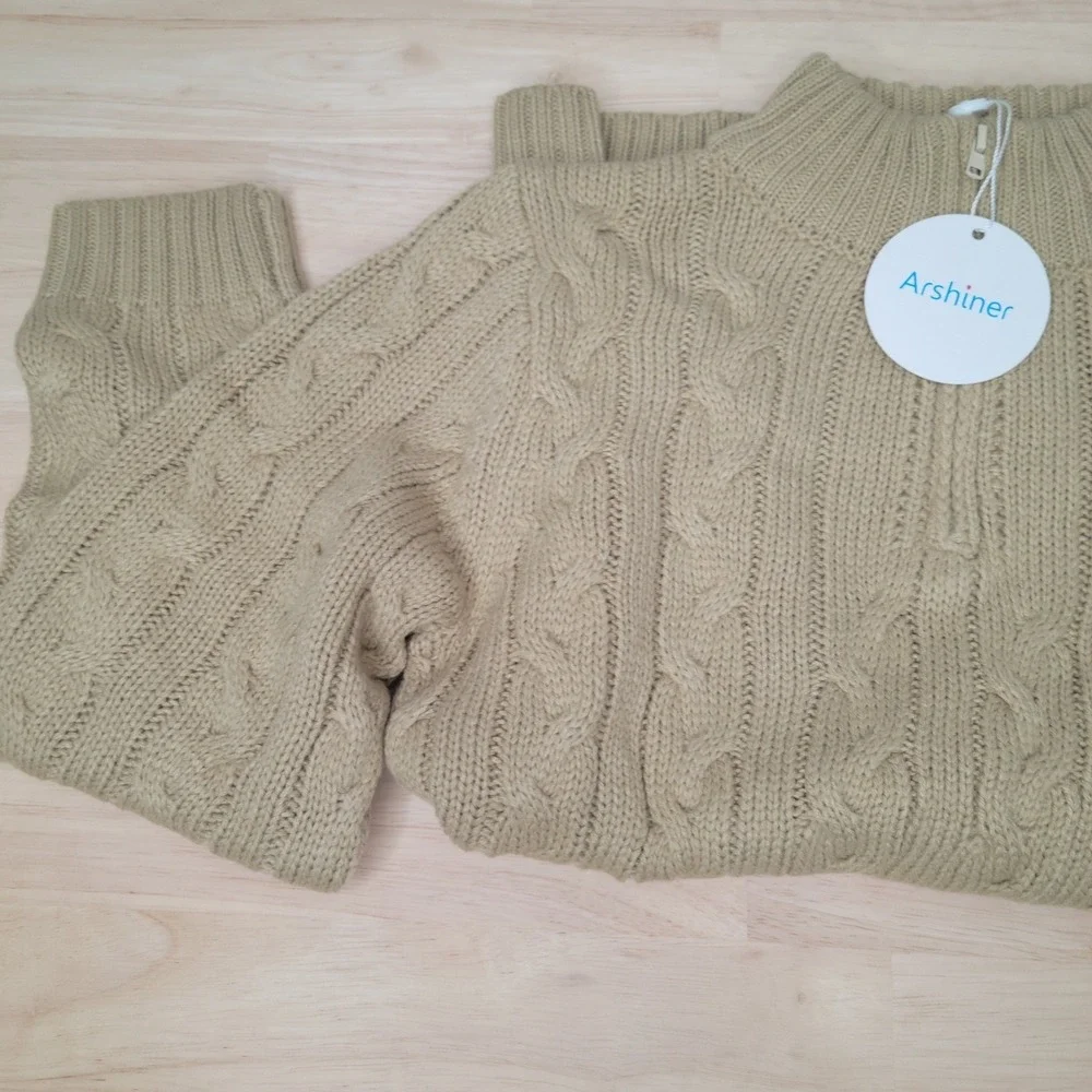 Arshiner Quarter Zip Sweater‎ Kids Size 140 Tan Cable Knit Mock Neck Pullover